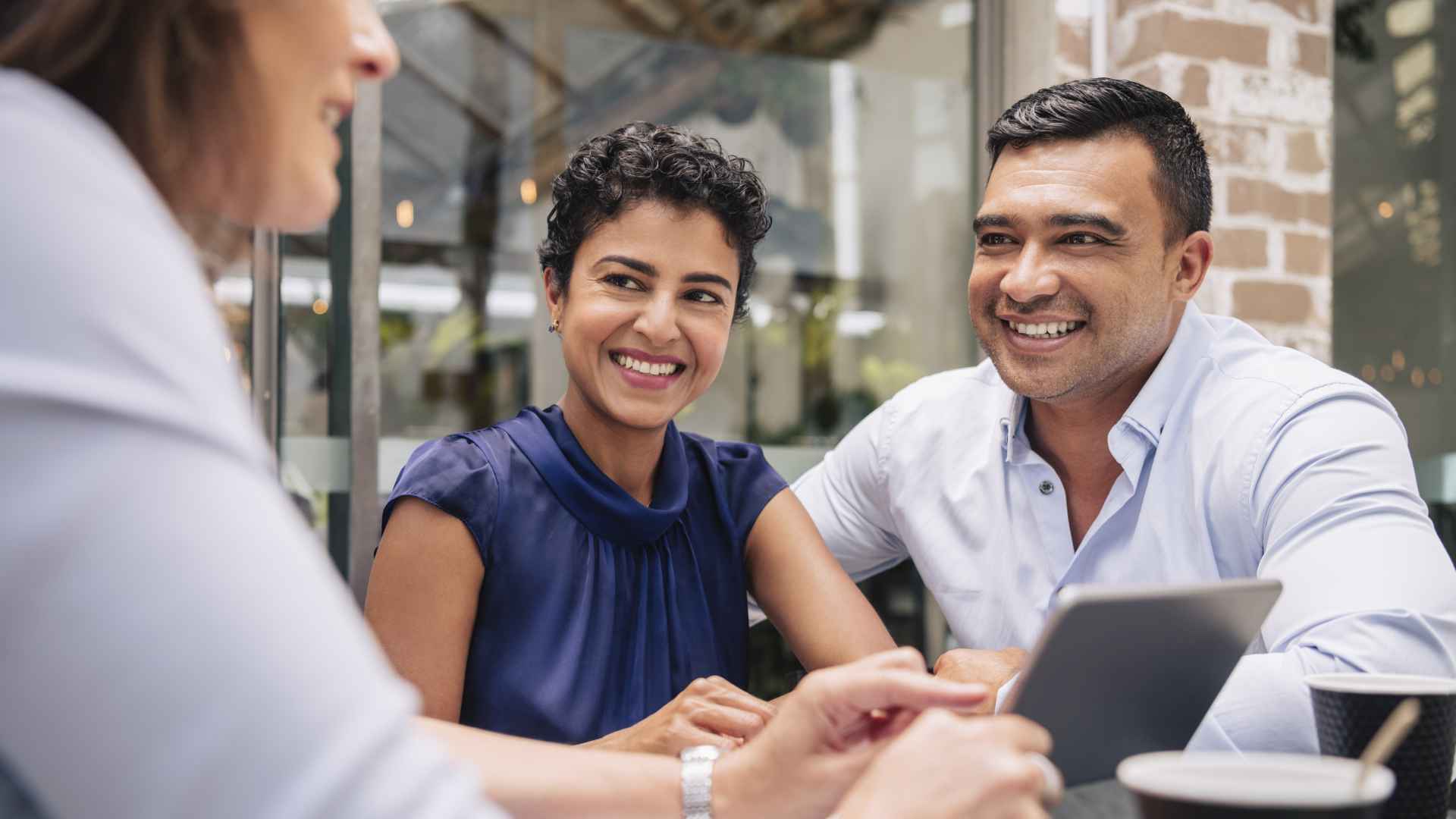 Smiling mature couple get good advice